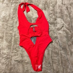 Shape red cut out front halterneck one piece